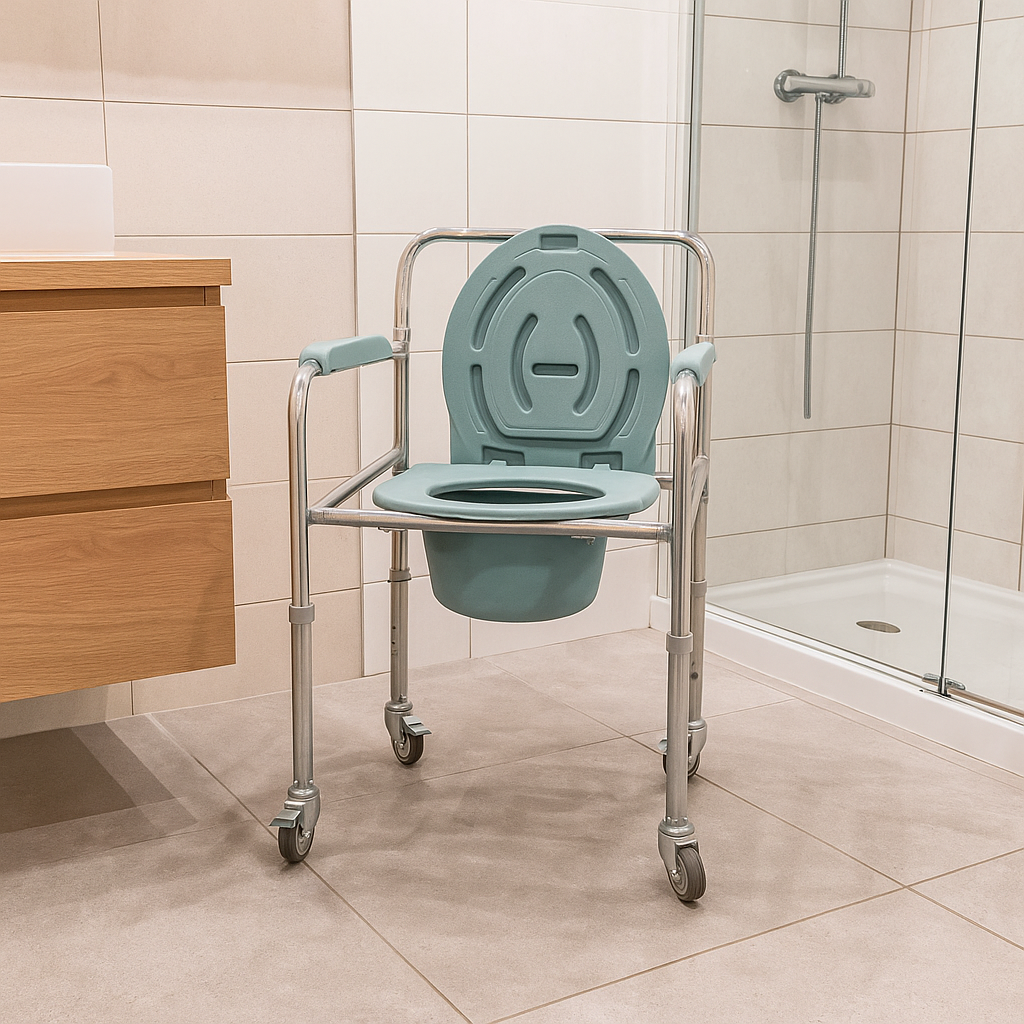 Foldable Commode Chair with Adjustable Height & Wheels